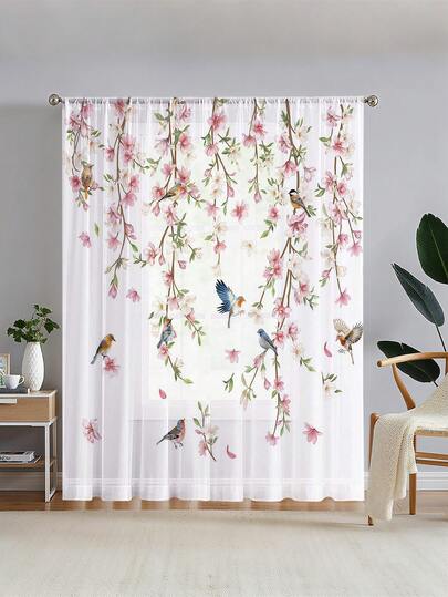 ستارة شبه شفافة مطبوعة بنمط زهور الكرز الوردية والطيور، مناسبة لغرفة النوم والمعيشة بالطراز الإسكندنافي، ديكور فاخر وأنيق