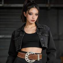 1pc Women's Silver Luxury Elegant Rhinestone Metal Buckle Brown Beaded PU Leather Belt - Brown - View 3