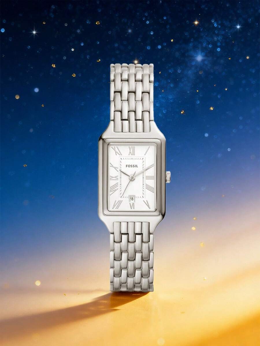 Fossil Reloj Raquel de cuarzo con tres dedos de acero inoxidable - Serie cuadrada - Caja de acero inoxidable / Superficie de cristal de cristal - Blanco - Ver 1