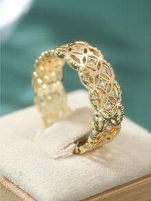 Classic Hollow Cubic Zirconia Women's Ring, Fashionable Minimalist Design, Suitable For Daily Wear, Wedding, Party, Valentine's Day Gift - Gold - View 8