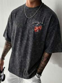 Fractyr Men's Fashionable Casual Street Rock Rap Style Loose Fit Short Sleeve T-Shirt | Gothic Cherry Dice Print | Exquisite Design | Essential For Spring/Summer | Retro Style | Versatile & Easy To Wear | Washed Fabric | Perfect Gift For Friends | Showcase Unique Personality - Black - View 5
