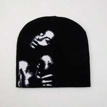 Street 1pc Ladies' Jacquard Knit Hat With Soul Pattern Suitable For Daily Wear Winter Fall - Black and White - View 1