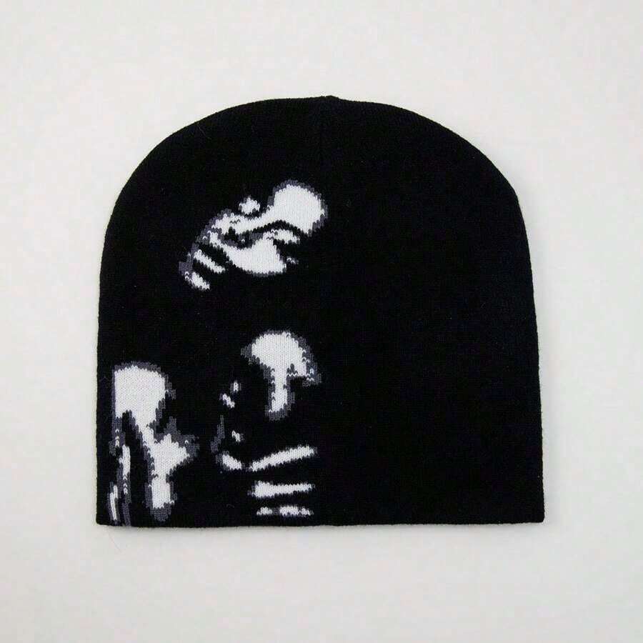 Street 1pc Ladies' Jacquard Knit Hat With Soul Pattern Suitable For Daily Wear Winter Fall - Black and White - View 1