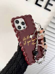 1pc Wine Red TPU Letter Phone Case + Beaded Heart Bear Wrist Strap, Suitable For IPhone 11 12 13 14 12 Pro Max 13 Pro Max 14 Pro Max 15 15 Pro 15 Pro Max 16 16 Pro 16 Pro Max 17 17 Pro 17 Pro Max, Minimalist Ins Style - Multicolor - View 4