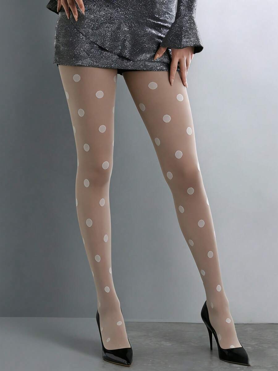 女士白色大波点印花打底裤 - 加厚圆点弹力版，复古可爱日常时尚百搭打底裤 - 白色 - 查看 1