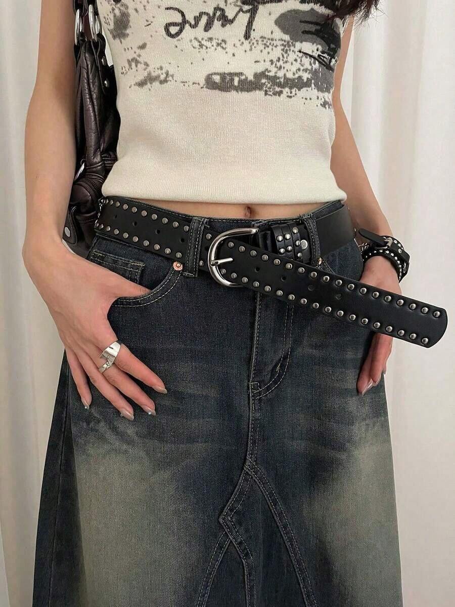 1pc Women's Black Faux Leather Punk Style Double Rivet Decor Belt, Versatile Waist Strap GV1F - 黑色 - 查看 1