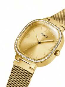 Guess Đồng hồ nữ sang trọng dây lưới vàng, viền đính đá, mặt số hình vuông bo tròn, máy quartz, phụ kiện thời trang cho tiệc tùng, hẹn hò, quà tặng kỷ niệm. - Vàng - Xem 7