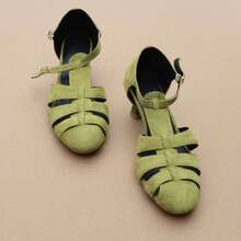 Giày sandal La Mã dệt kiểu cổ điển dành cho nữ, giày cao gót dày bằng da lộn màu xanh bơ, thiết kế độc đáo với quai bất đối xứng/cao gót lệch, giày ngoài trời mùa xuân & thu. - màu xanh lá - Xem 2