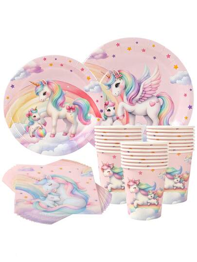 粉色独角兽一次性餐具套装，7/9英寸纸盘，8个纸杯，16张纸巾，适用于独角兽主题一周岁生日派对装饰、纸质零食蛋糕盘、食物托盘，也适用于婴儿派对餐桌装饰、粉色女宝宝生日派对用品、独角兽生日派对装饰、性别揭晓派对装饰、派对礼品、婴儿派对用品、毕业典礼等场合。