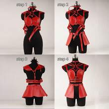 Handmade Red Leather Armor Corset For Women, Adjustable Steampunk Harness Outfit With Straps And Buckles, Gothic Fantasy Festival Costume, Cosplay Body Armor Dress, Customizable Faux Leather Fashion Statement - 紅色 - 查看 5