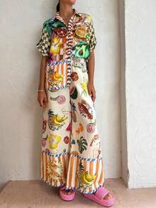 Spring/Summer Fashion New 2-Piece Set, French Style Women Outfit, , Fruit Print Allover, Contrast Color, Pineapple, Watermelon, Ladies Linen 2-Piece Bohemian Print Suit, Short Sleeve Top And Wide Leg Pants, Suitable For Outerwear - Multicolor - View 1