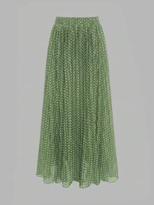 女士优雅弹力腰绿色白波点褶裥A字裙，简约时尚，适合日常通勤和春假穿着 - 綠色 - 查看 2