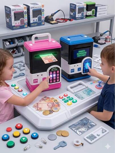 Cofre Inteligente Educativo Infantil com Teclado Digital, Reconhecimento Facial Simulado, Depósito Automático de Cédulas e Moedas – Brinquedo Interativo para Educação Financeira, Presente Criativo para Crianças, Design Realista tipo ATM Bank