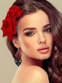 2件/4件套女士弗拉明戈舞蹈服装配饰 - 西班牙舞蹈全套，包括刺绣亮片扇、玫瑰发夹、项链和耳环，适合弗拉明戈派对、婚礼、角色扮演、舞台表演 - 彩色 - 查看 7