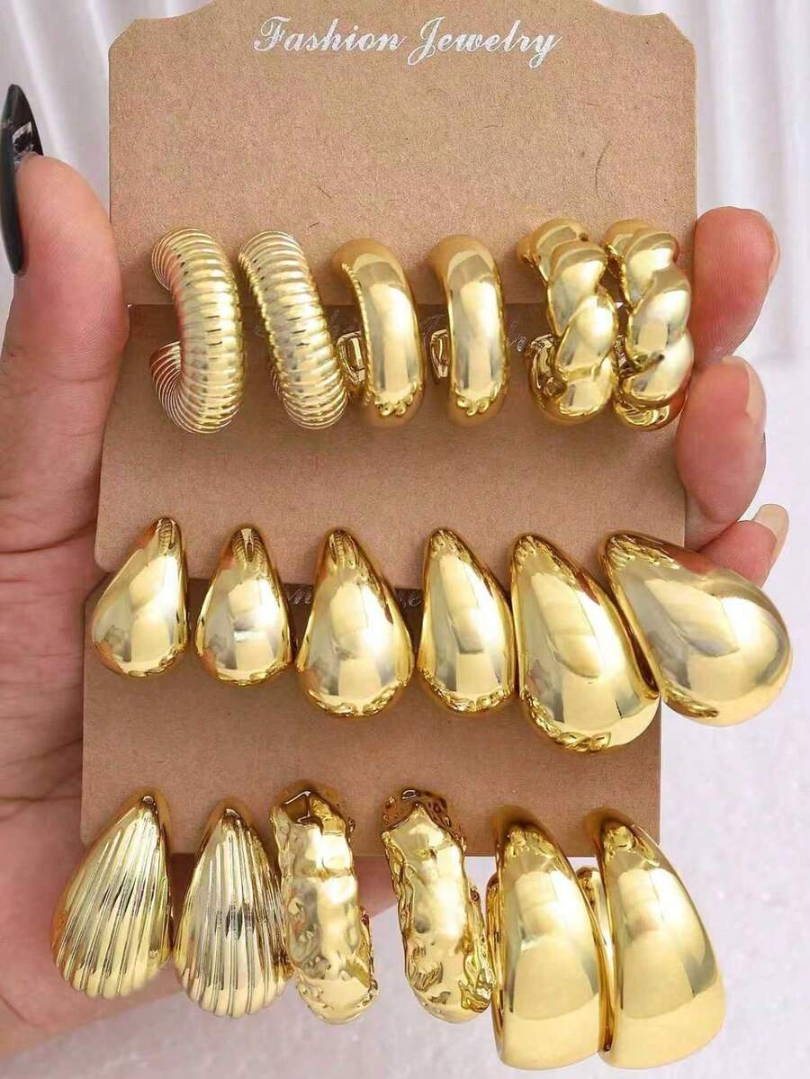 6/18pcs Women's Pure Gold Earring Set, Including Teardrop, Geometric C-Shape, Twisted, And Thick Gold Hypoallergenic Earrings, Fashionable And Elegant For Daily, Party, And Gift For Best Friends Or Mothers - Gold - View 1