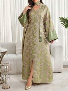 Vestido holgado de estilo árabe con cuello en V y manga larga con estampado floral para mujer - Verde - Ver 1