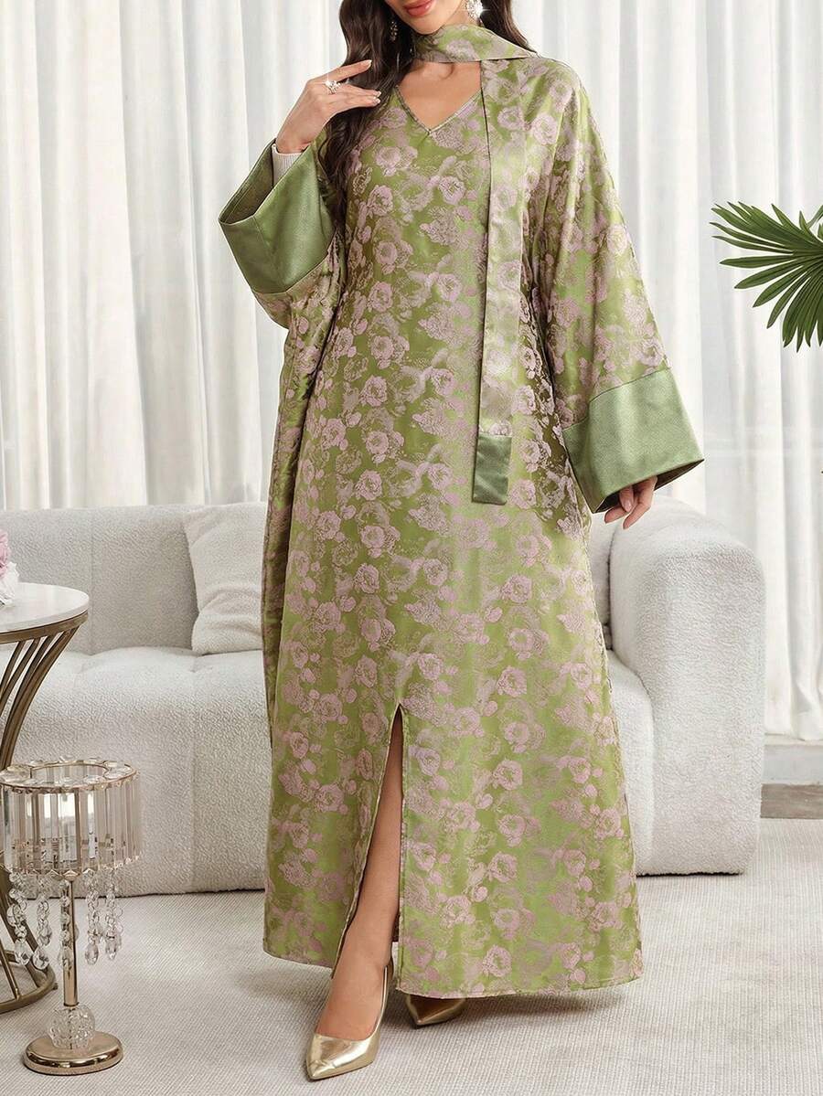 Vestido holgado de estilo árabe con cuello en V y manga larga con estampado floral para mujer - Verde - Ver 1