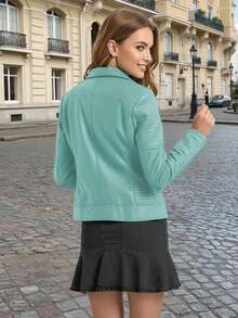 Giacca in ecopelle da donna, giacca casual corta in PU da motociclista - Blu verde acqua - Visualizzare 2