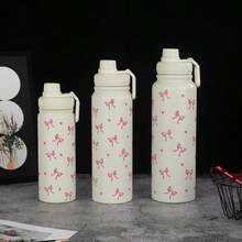 1個 600ml/800ml/1000ml 蝴蝶結&愛心防漏真空保溫瓶 304不鏽鋼太空水壺，大容量健身運動戶外旅行車用飲水瓶 - 米色 - 查看 1