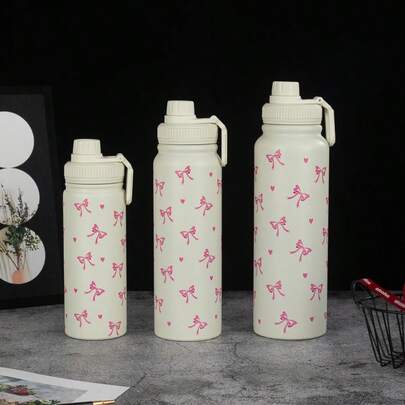 1pc 600ml/800ml/1000ml Vacuum Insulated Stainless Steel Water Bottle With Bowknot & Heart Design, Large Capacity For Drinking Water, Milk, Oatmeal, Tea, Juice, Breakfast, Coffee, Beverages, Suitable For Cafe, Home, Restaurant, Party, Office, Father's Day Gift