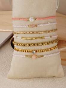 7 件精致粉色和金色串珠链多层可调节堆叠手链套装，送给朋友的珠宝礼物，适合日常佩戴、派对 - 彩色 - 查看 5