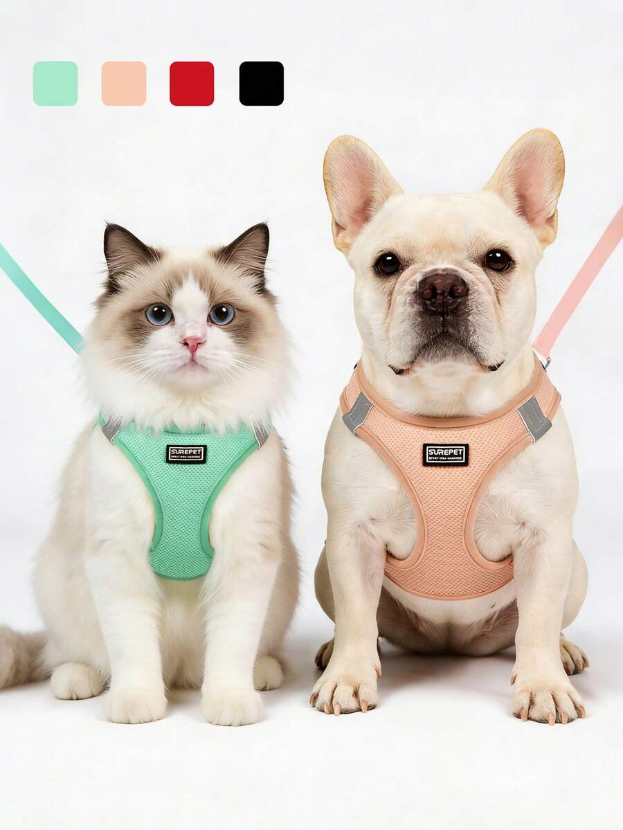 1 Set Correa y Arnés Reflectante para Gato/Perro - Chaleco de Malla Transpirable con Correa de Nailon Acolchada Adecuado para Perros Pequeños a Medianos, Diseño de Doble Argolla en D Sin Estrangulamiento - Multicolor - Ver 1