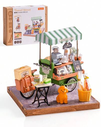  Robotime Rolife Coffee Cart Mini DIY Kit – 290-Piece 3D Wooden Dollhouse Model, European Street Style, No Glue Required, Desktop Decoration And Handmade Gift For Adults, Kids Toys, Toys For Girl