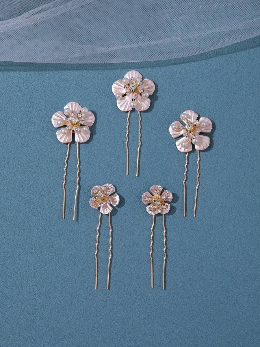 5pcs Women's Elegant Gold Flower Crystal Hair Clips Set, Wedding Party Hairstyle Accessories - Gold - View 1