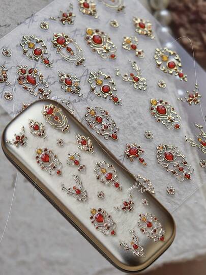 1pc Vintage Red Gem & Gold Filigree 3D Embossed Stickers For Scrapbooking, Planner, Photo Album, Laptop, Pen, Phone Case, Cup, Magazine, Stationery Box, Desk Decor, Back To School Supplies