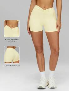 MFVIM 女士运动短裤，交叉扭结腰带设计，可调节腰围，凸显纤细腰线。修身剪裁，收腹提臀，透气弹力柔软面料，休闲运动紧身裤，适合跑步、瑜伽、普拉提、健身房锻炼。 - 黃色 - 查看 4