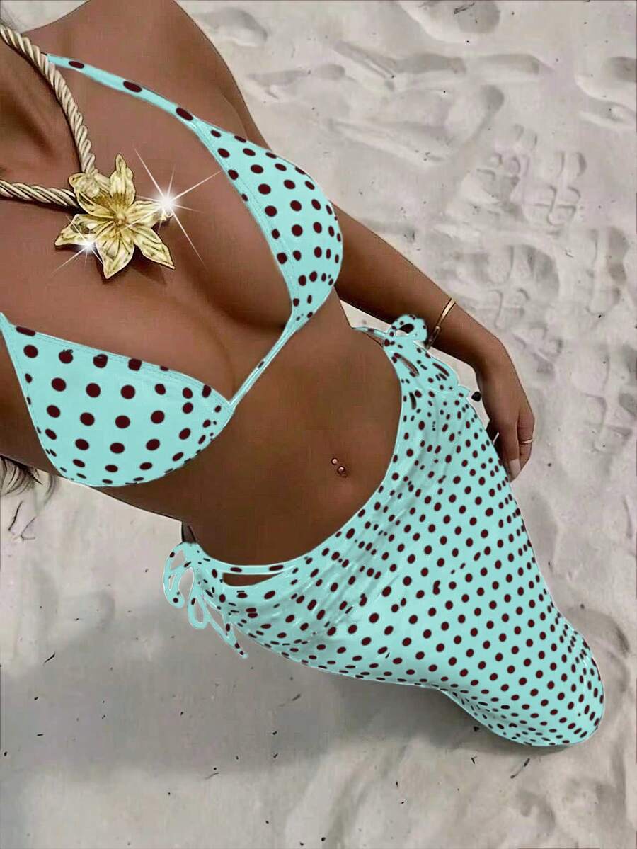 三件套波点印花挂脖黑色比基尼套装，性感露背夏季沙滩泳装，女士度假之选 - 彩色 - 查看 1
