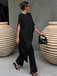 Satin Asymmetric Hem Puff Sleeve Elegant Blouse, Suitable For Party, Date, Formal, Vacation Wear, Black Summer - Black - View 9
