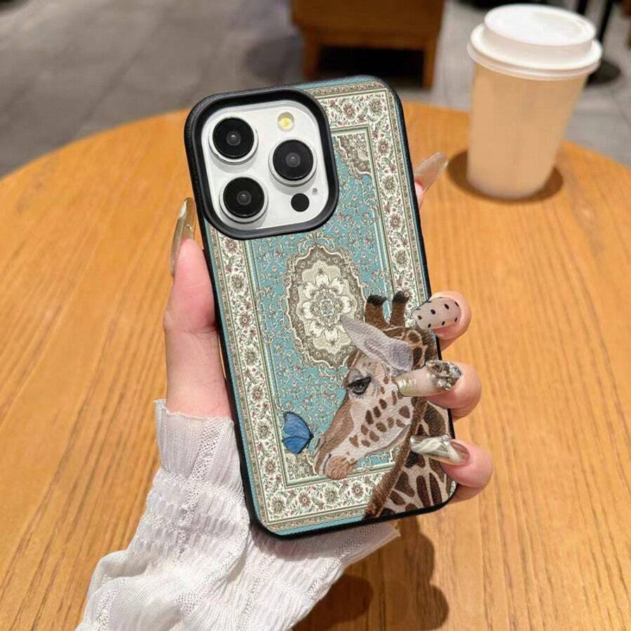 1pc TPU Material Vintage Floral Deer & Butterfly Pattern Phone Case, Compatible With Apple 17 Pro Max/17/16 Pro Max/15/13/12/11, S20 FE/A15/S24/A55, Note 11/Note 12/Note 13 Pro, Full Coverage Anti-Fall Soft Protective Cover,International Version, Not The Domestic Version - Black - View 1