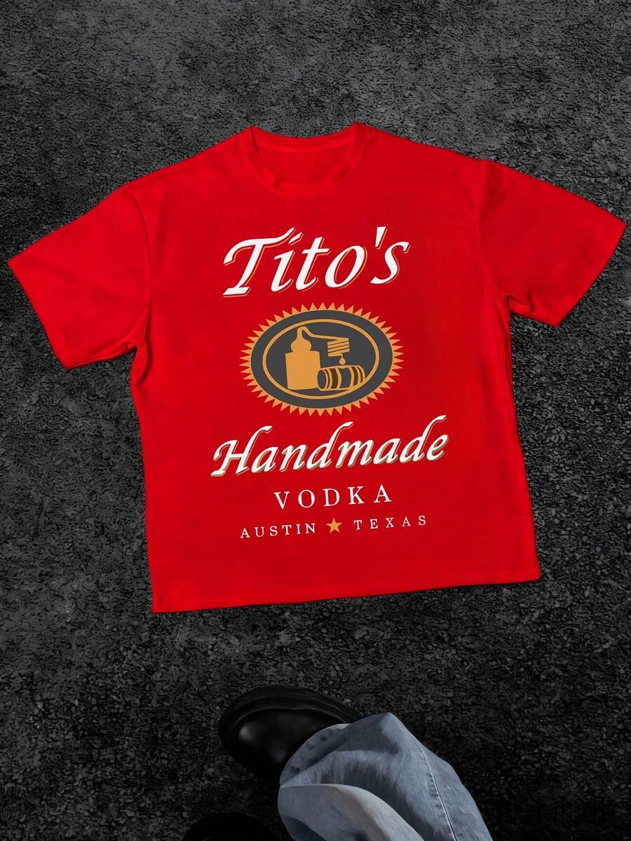 Handmade Vodka Graphic Print T Shirt Austin Texas 100% Cotton Streetwear Classic Men's Casual Round Neck Short Sleeve Tee - Đỏ - Xem 1