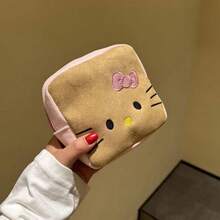 SANRIO 1pc Suede Embroidered Kitty Makeup Bag, Large Capacity Sanitary Pad Storage Small Square Pouch, Portable Essentials Organizer Bag - View 6