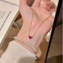 1pc Red Zirconia Heart Necklace, Luxury Niche Design, Minimalist Versatile Choker Necklace, Suitable For Daily Wear, Gift - Multicolor - View 2