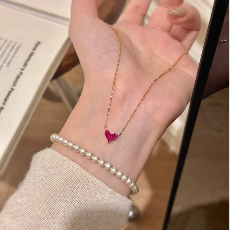 1pc Red Zirconia Heart Necklace, Luxury Niche Design, Minimalist Versatile Choker Necklace, Suitable For Daily Wear, Gift - Multicolor - View 1