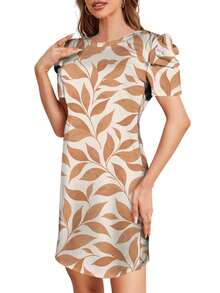 Leafy Branches On Cream Background Pattern Summer Dresses For Women Casual Petal Sleeve Swing Vacation Dress - Nhiều màu - Xem 2