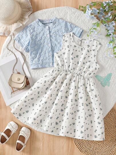 2pcs/Set Girls' Summer Outfit: Cute Blue Floral Jacquard Short Sleeve Jacket + Jacquard Sleeveless Casual Dress, Fashion Sweet Girls Dress Set, Daily Wear Essential