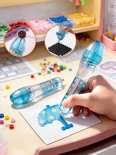 Bead Pen With A 2.6Mm Tip For 3D Pixel Puzzles, Featuring An Automatic Mechanism. It Has An Ergonomic Grip For Comfortable Use, Making It A Practical Tool. The Transparent Design Enhances Visibility