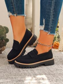 女士时尚休闲圆头乐福鞋，套脚厚底平底鞋 - 黑色 - 查看 3