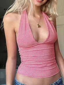 Women's Halter Neck Tank Tops Sleeveless Open Back Plaid/Heart Printed Slim Fit Tops Party Shirts - 粉色 - 查看 3