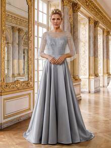 Women's Elegant Lace Shawl Formal Dress - Grey - View 1