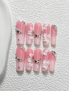 10件套童话主题美甲凝胶套装，亚克力美甲贴片，手工制作的5瓣3D山茶花、银色爱心、五角星、珠饰装饰，粉色指甲油，适合日常、派对、婚礼、春夏等场合，包含美甲工具（1个果冻贴片+1个指甲锉），三种形状可选：杏仁形、鸭嘴形、棺材形 - 彩色 - 查看 4