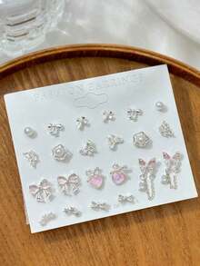 11 Pairs Cat's Eye Stud Earrings Set With Shallow-Colored Bow, Glitter Pink Earrings, Zinc Alloy Rhinestone Earrings, Fashionable & Suitable For Daily Wear, A Gift For Girlfriend - Hồng - Xem 12