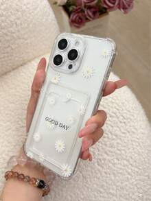 Daisy Pattern Printed Transparent Card Slot Phone Case, Compatible With IPhone 11/17/17pro/13/14/15/15pro/15 Plus/15 Promax/16/16pro/16plus/16promax/7plus/8plus/X/Xs Max/Xr/17Air/12pro/13pro/14pro/17Promax/13mini/11promax/12promax/13promax/14promax/14plus/6/6s/6plus/7/8/Se/17proMax, Transparent Wallet Style Silicone Back Cover, Shock-Proof, Waterproof, Anti-Fall, Anti-Scratch - Multicolor - View 4