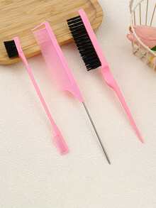 3pcs Hair Styling Brush Set, Teasing Brush, Rat Tail Comb, Edge Brush For Smoothing And Styling Hair - Pink - View 1