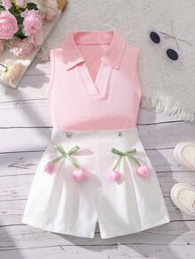 2pcs/Set Fashionable Solid Color Collar Knit Sleeveless Top + Solid Color Button Bow Floral Decor Loose Shorts, Casual Daily Wear For Teenage Girls In Summer - Pink - View 1