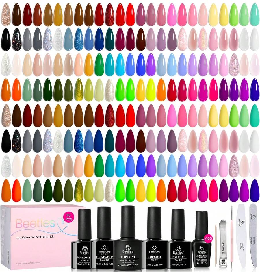 BEETLES 110 PCS 100 Colors 5ML Gel Polish Kit Nail Nook Gel Nail Polish Set - Base Glossy Matte Glitter Top Coat Glitter Pearl Cat Eye White Red Pink Nude Uv Led Nails Easter Gift For Women - 100 Colors Infinite Inspiration Gift - 查看 1