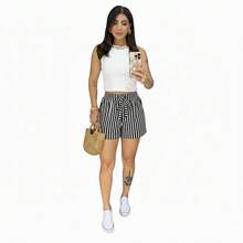 LINEN STRIPED SHORTS - Black - View 5